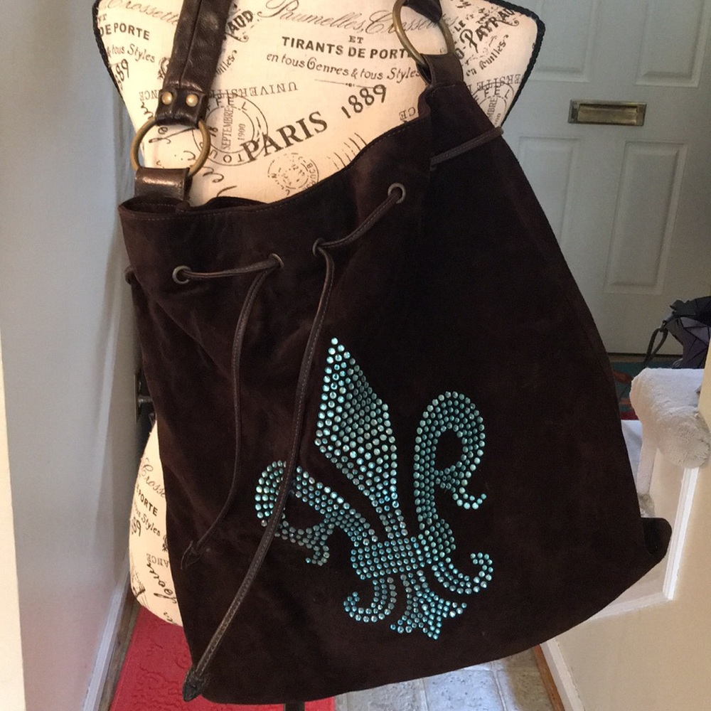 Chocolate Suede Blue Crystal Fleur de Lis Hobo